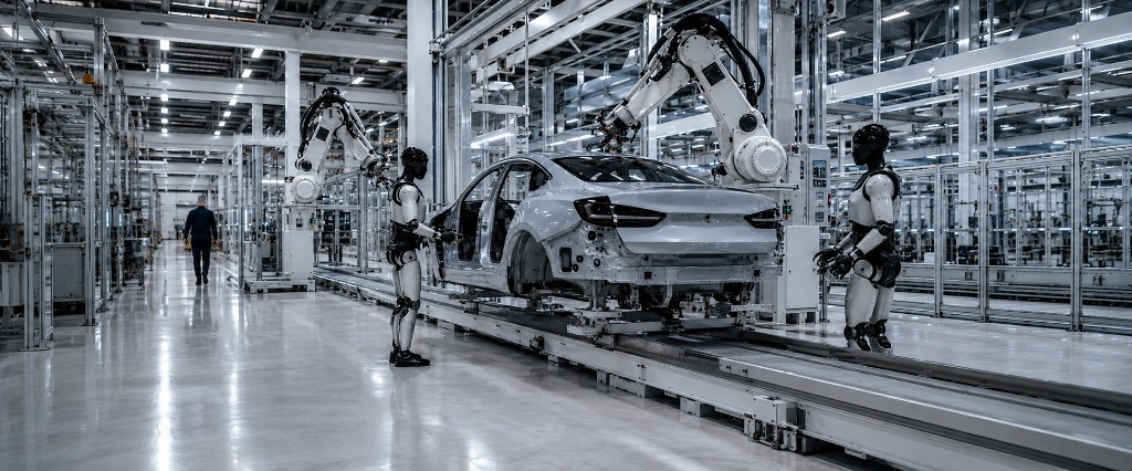 Stilisierte Darstellung einer automatisierten Fahrzeugmontage mit Robotern, Fachkräften und digitalen Produktionsübersichten.
